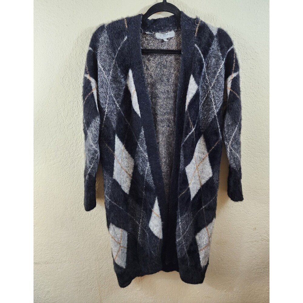 Marled Womens S Black Argyle Soft Knit Long Sleeve Open Front Long Cardigan